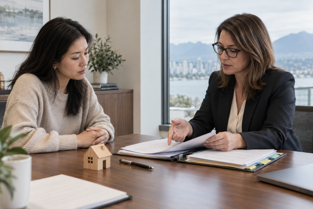 Client and lawyer discussing family property and court documents in a Vancouver office