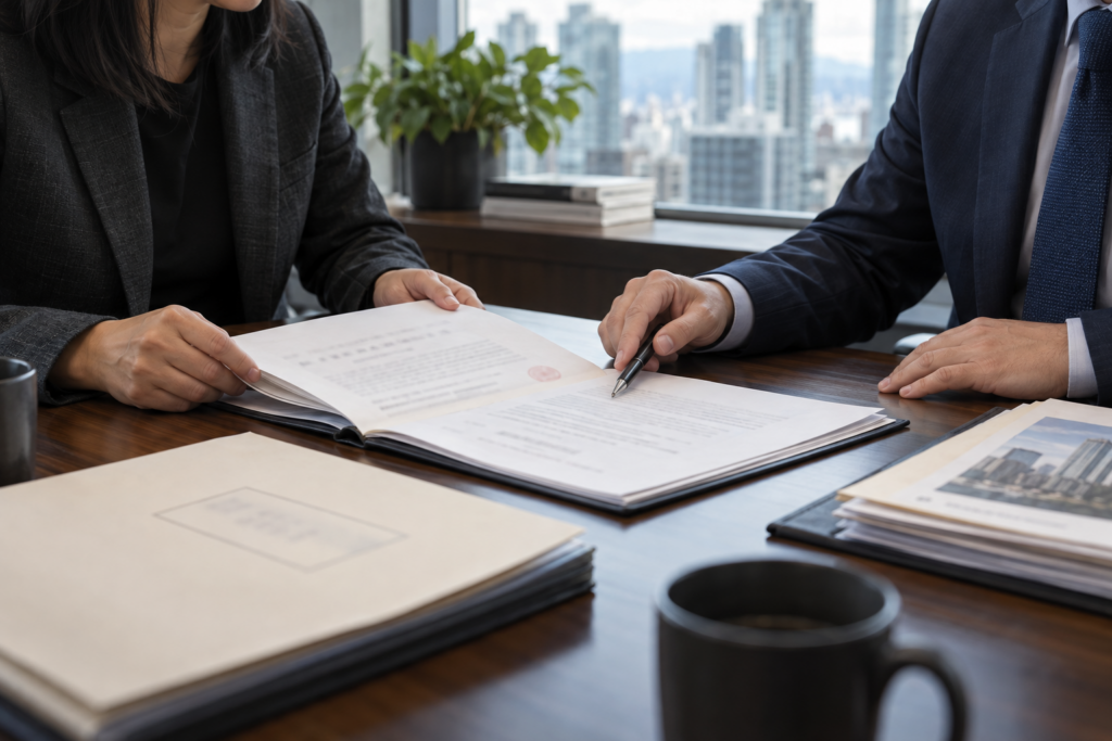 Lawyer and client reviewing Chinese court judgment documents in a Vancouver office