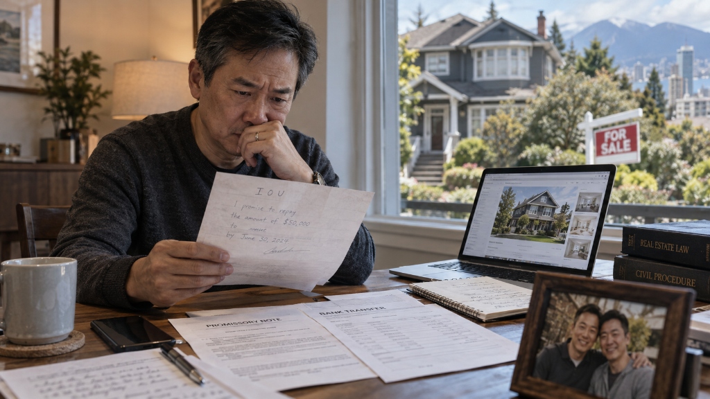 A handwritten IOU resting beside a house listed for sale on MLS — lending money to a friend does not give you a lien on their property