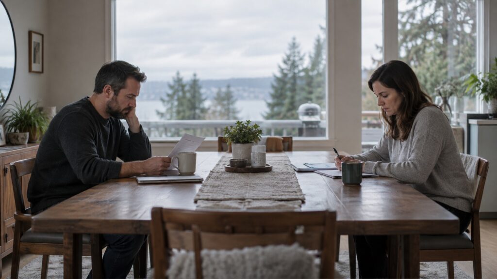 Two separated spouses quietly using the same dining table in their shared home